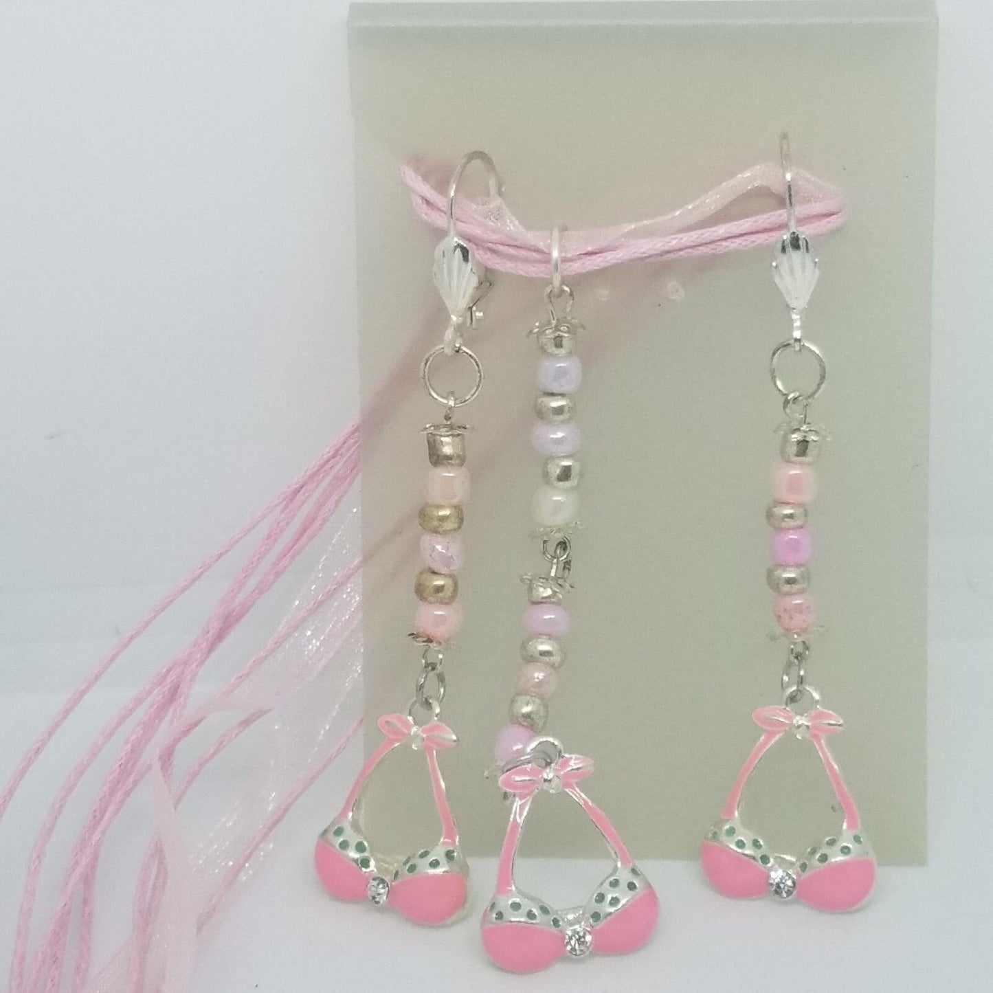 Necklace Earrings Bikini Bra Top 1/2 " Charm Pink Silver Beads Pink Ribbon Cord