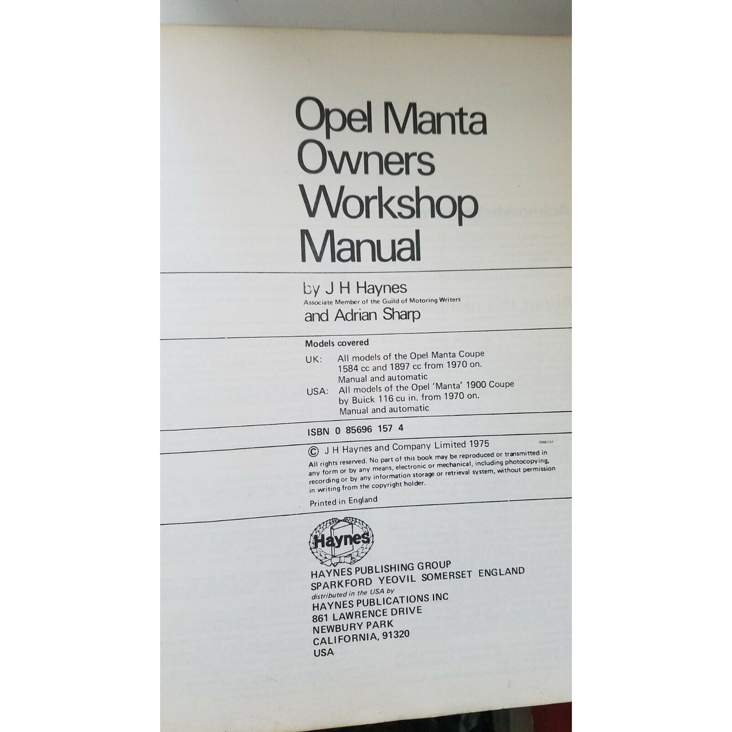 1970 thru 1974 Haynes Opel Manta Coupe1584cc  1897cc  Auto Repair Manual