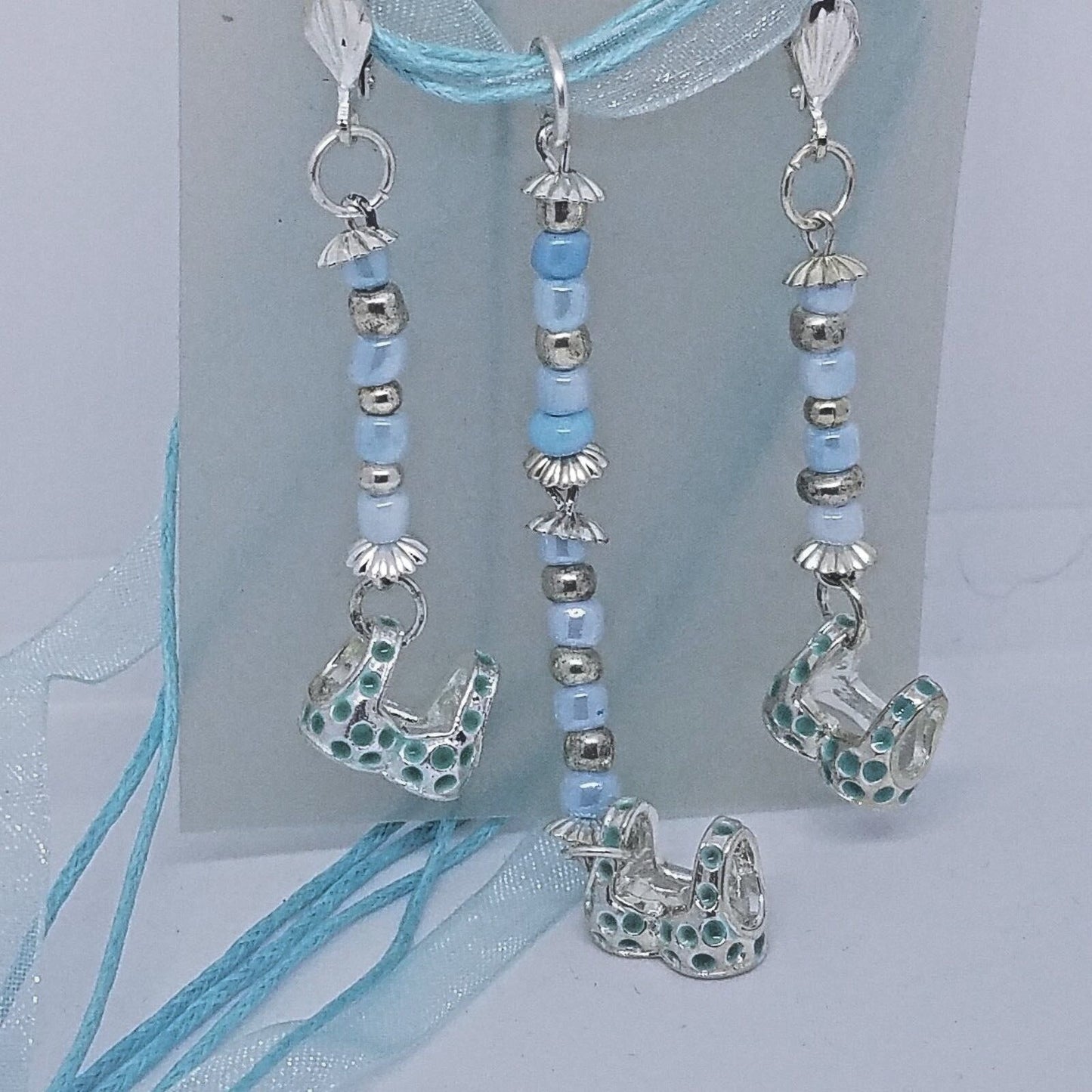 Necklace Earring Blue Bra Top 1/2 " Charm Silver Blue Bead Blue Ribbon Cord