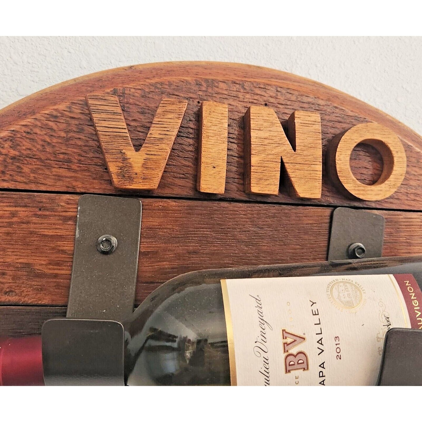 Wine Bottle Holder Says " Vino" Made from Barrel Stave Ring Bottle not included