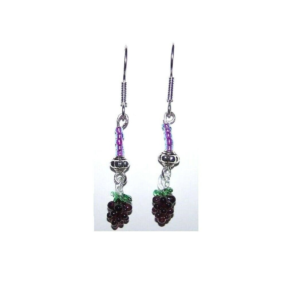 Earrings Mini Purple Glass Grape Cluster Purple Silver Bead Sterling Wire 1 1/4"