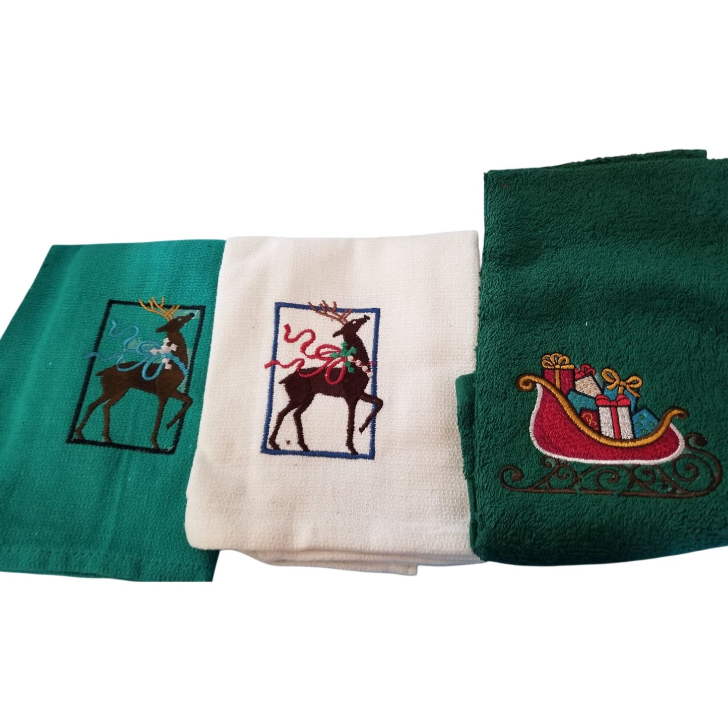 Kitchen Towel Embroidered 100%  Set 3 Cotton 2 Green 1 White  Holiday Reindeer Sleigh 15 x 21