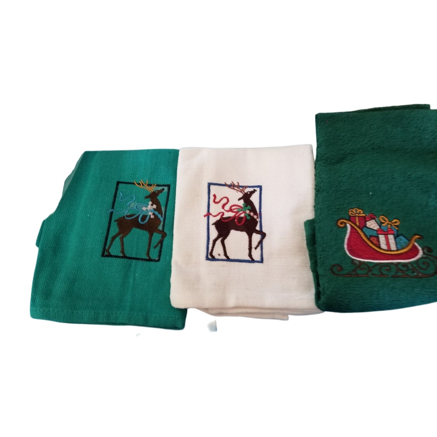 Kitchen Towel Embroidered 100%  Set 3 Cotton 2 Green 1 White  Holiday Reindeer Sleigh 15 x 21