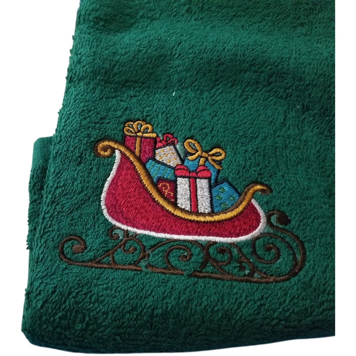 Kitchen Towel Embroidered 100%  Set 3 Cotton 2 Green 1 White  Holiday Reindeer Sleigh 15 x 21