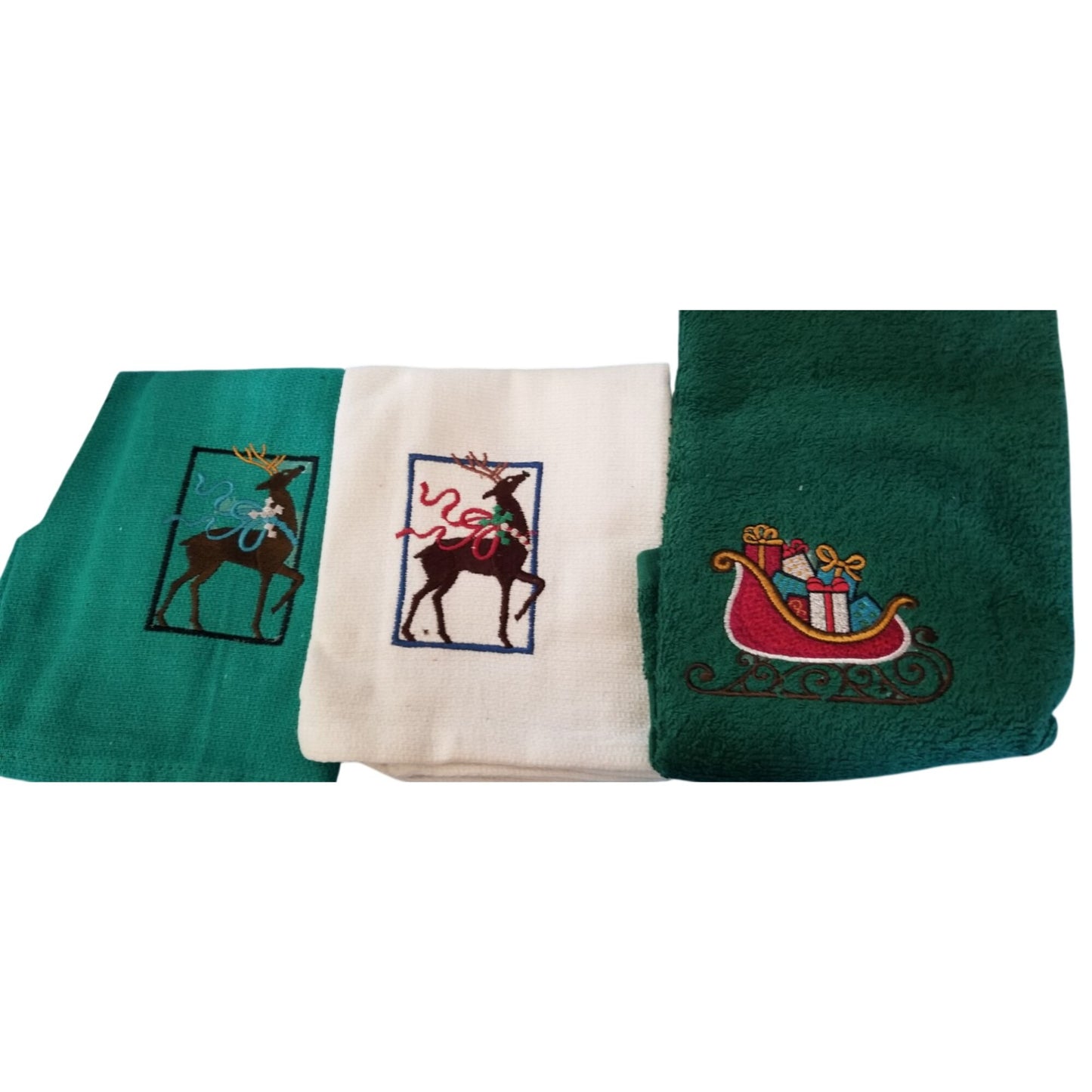 Kitchen Towel Embroidered 100%  Set 3 Cotton 2 Green 1 White  Holiday Reindeer Sleigh 15 x 21