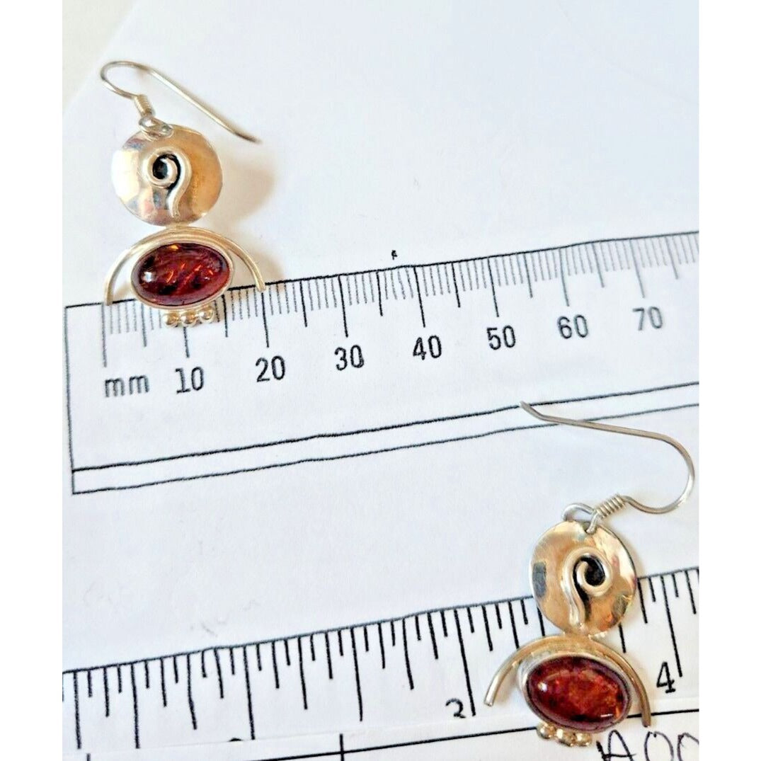 Earrings Oval Amber Circle Top 925 Silver Weight 5.5 Gr Handmade