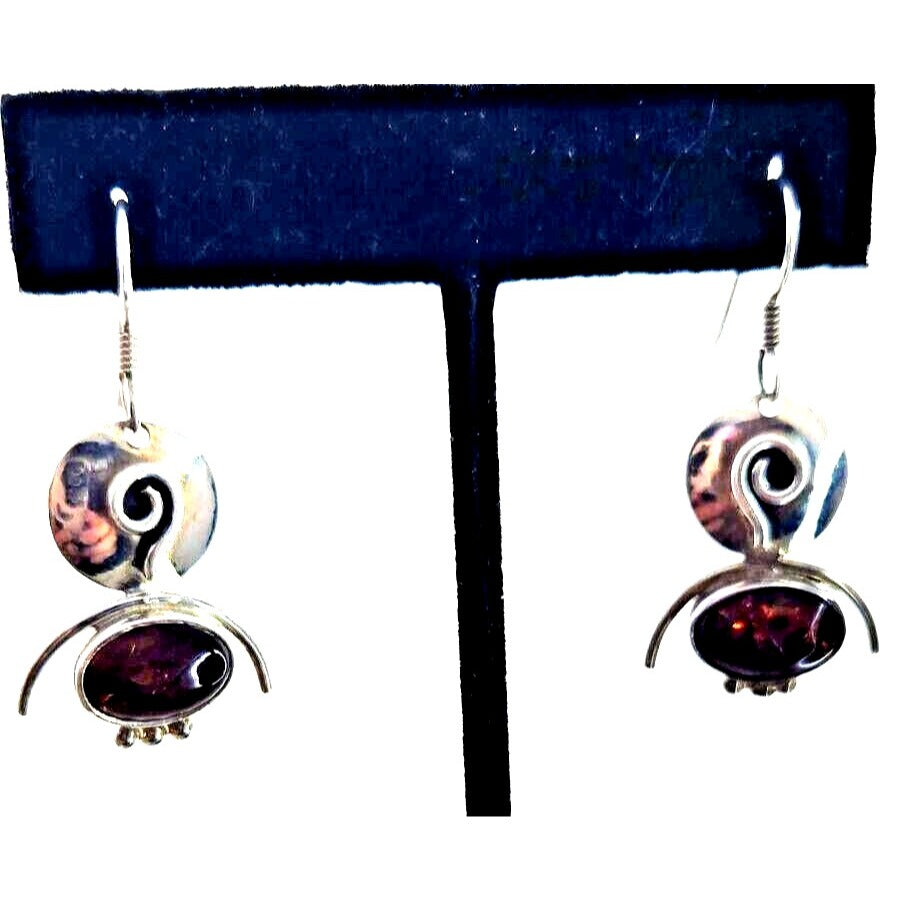 Earrings Oval Amber Circle Top 925 Silver Weight 5.5 Gr Handmade