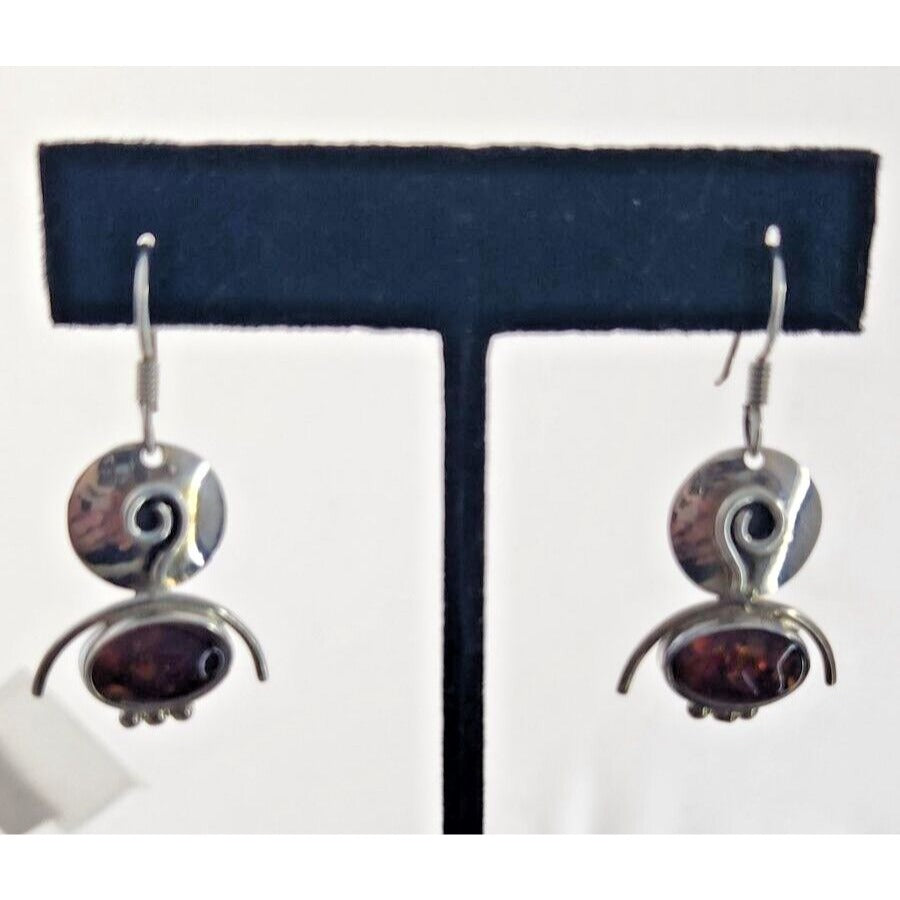 Earrings Oval Amber Circle Top 925 Silver Weight 5.5 Gr Handmade