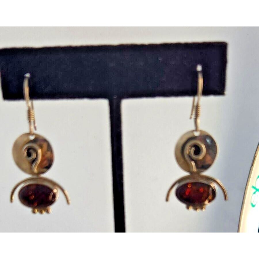 Earrings Oval Amber Circle Top 925 Silver Weight 5.5 Gr Handmade