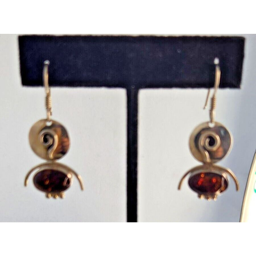 Earrings Oval Amber Circle Top 925 Silver Weight 5.5 Gr Handmade