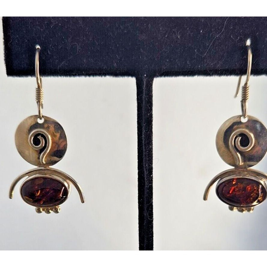 Earrings Oval Amber Circle Top 925 Silver Weight 5.5 Gr Handmade