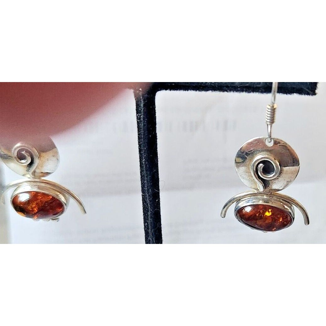 Earrings Oval Amber Circle Top 925 Silver Weight 5.5 Gr Handmade