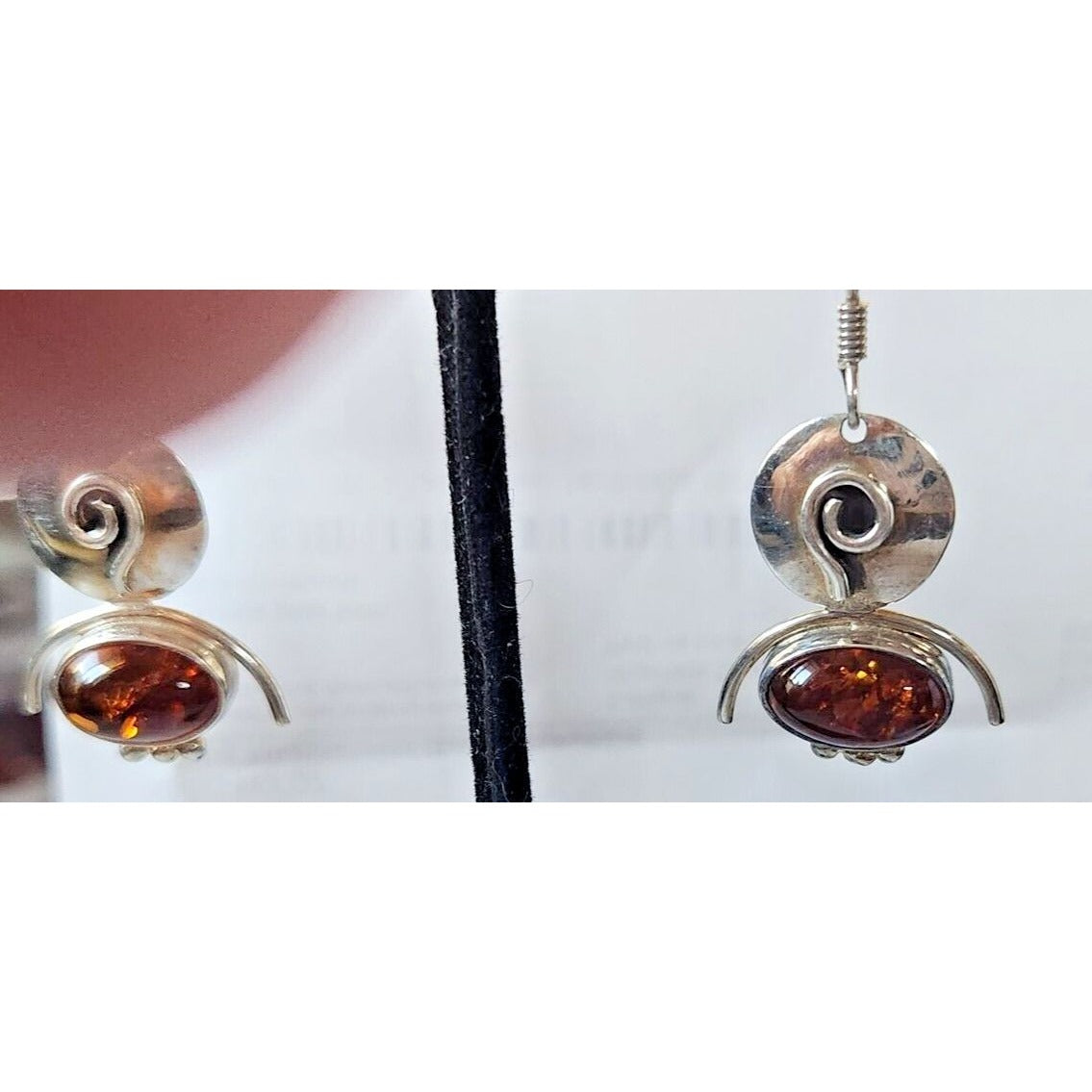 Earrings Oval Amber Circle Top 925 Silver Weight 5.5 Gr Handmade