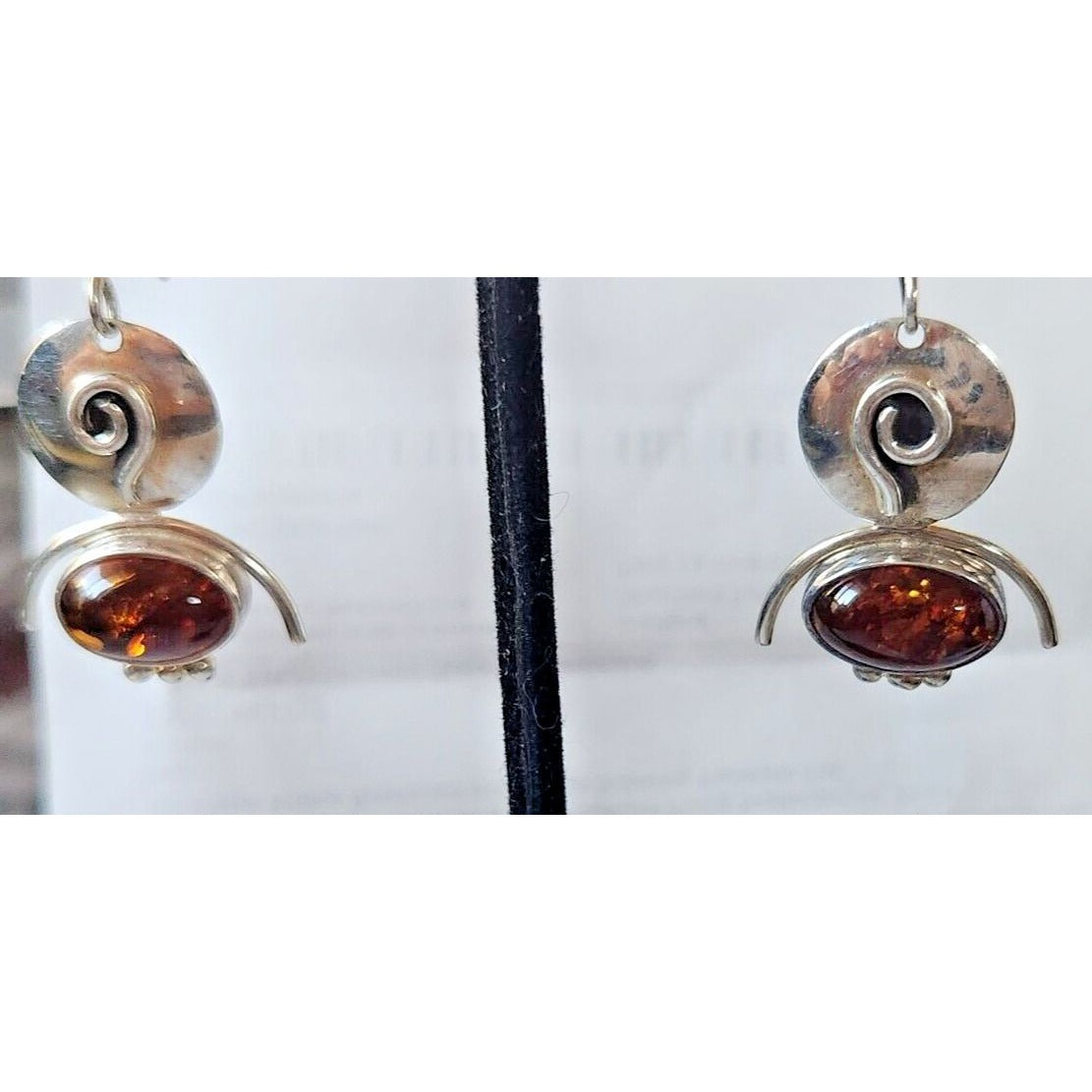 Earrings Oval Amber Circle Top 925 Silver Weight 5.5 Gr Handmade