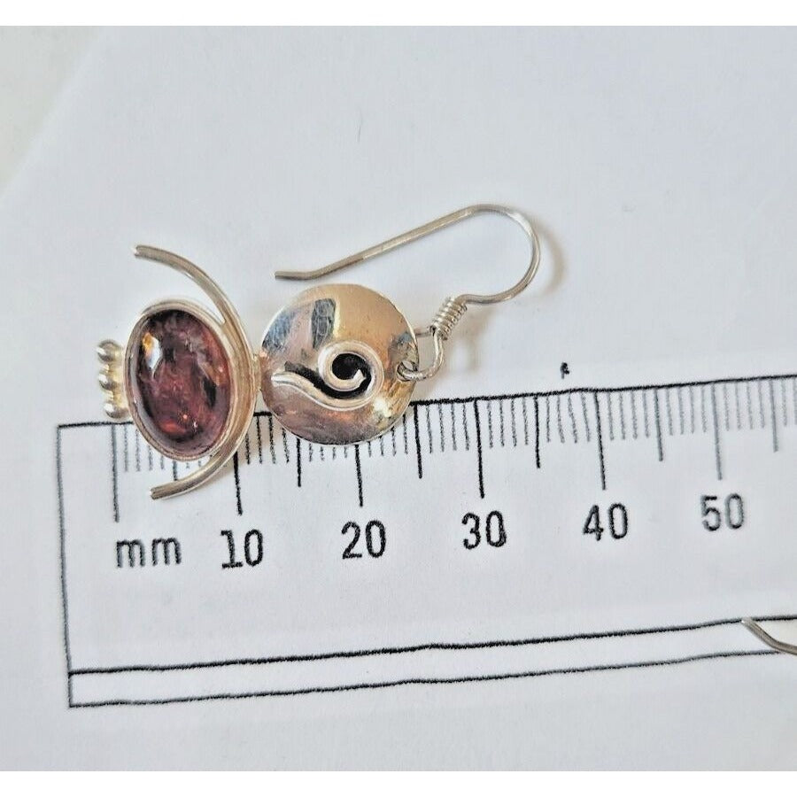 Earrings Oval Amber Circle Top 925 Silver Weight 5.5 Gr Handmade