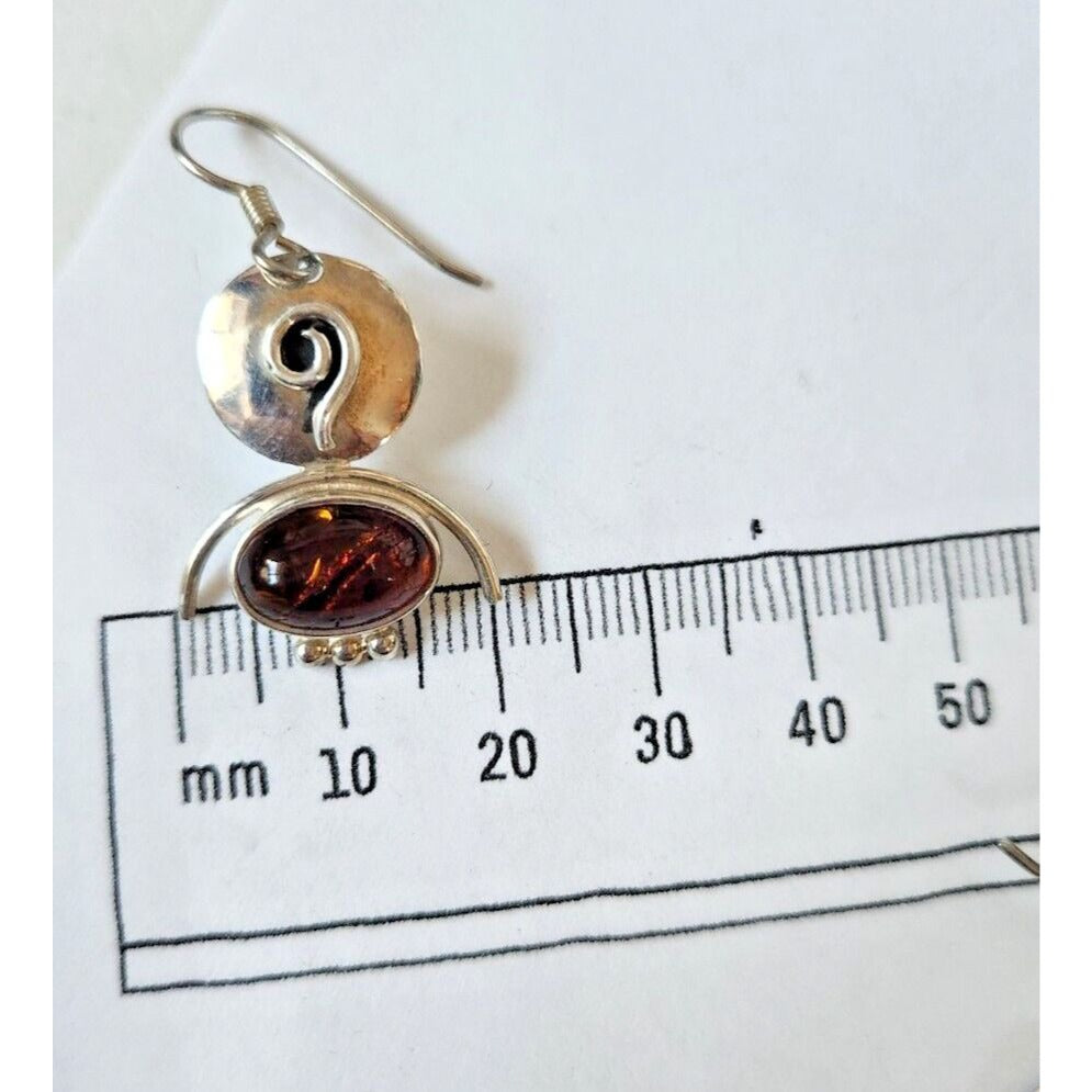 Earrings Oval Amber Circle Top 925 Silver Weight 5.5 Gr Handmade