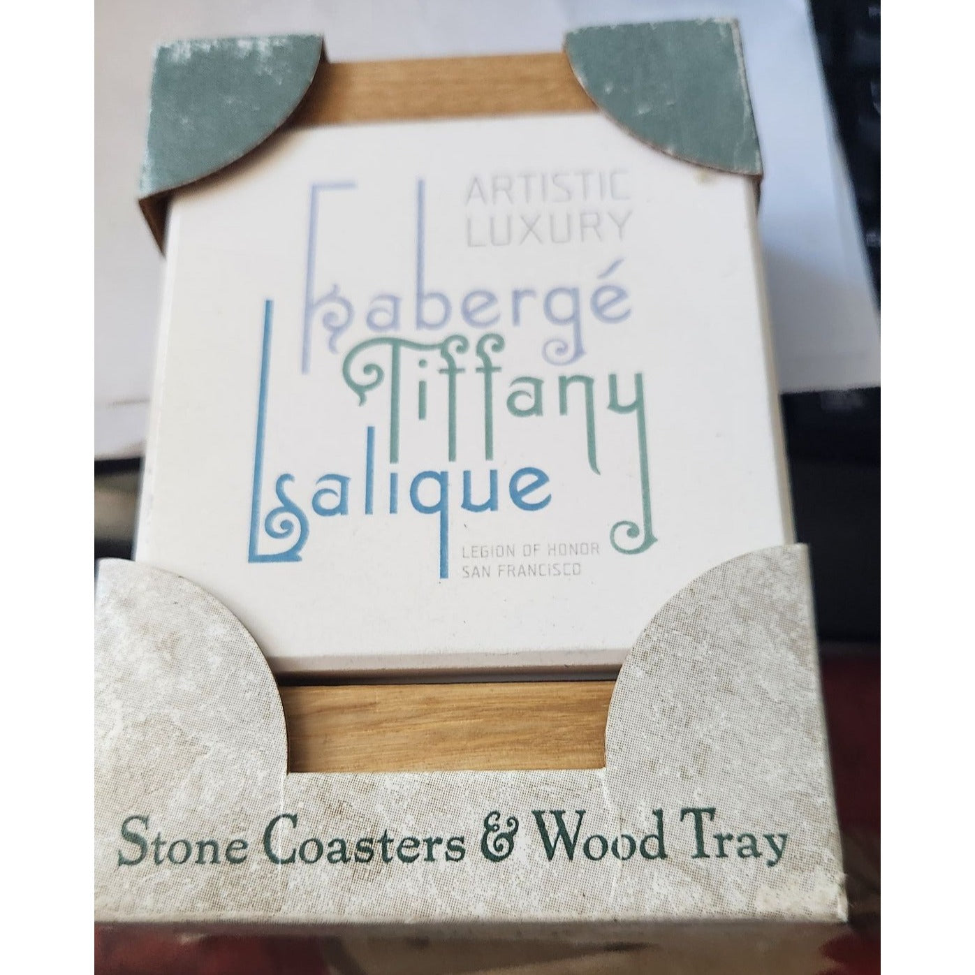 Absorbent Stone Coaster & Wood Tray Set of 4 Faberge Tiffany Cork Back