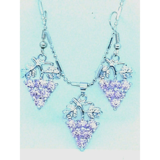 Necklace Earrings Set Pink Crystal Grape Cluster Leaves Vines 1" Long
