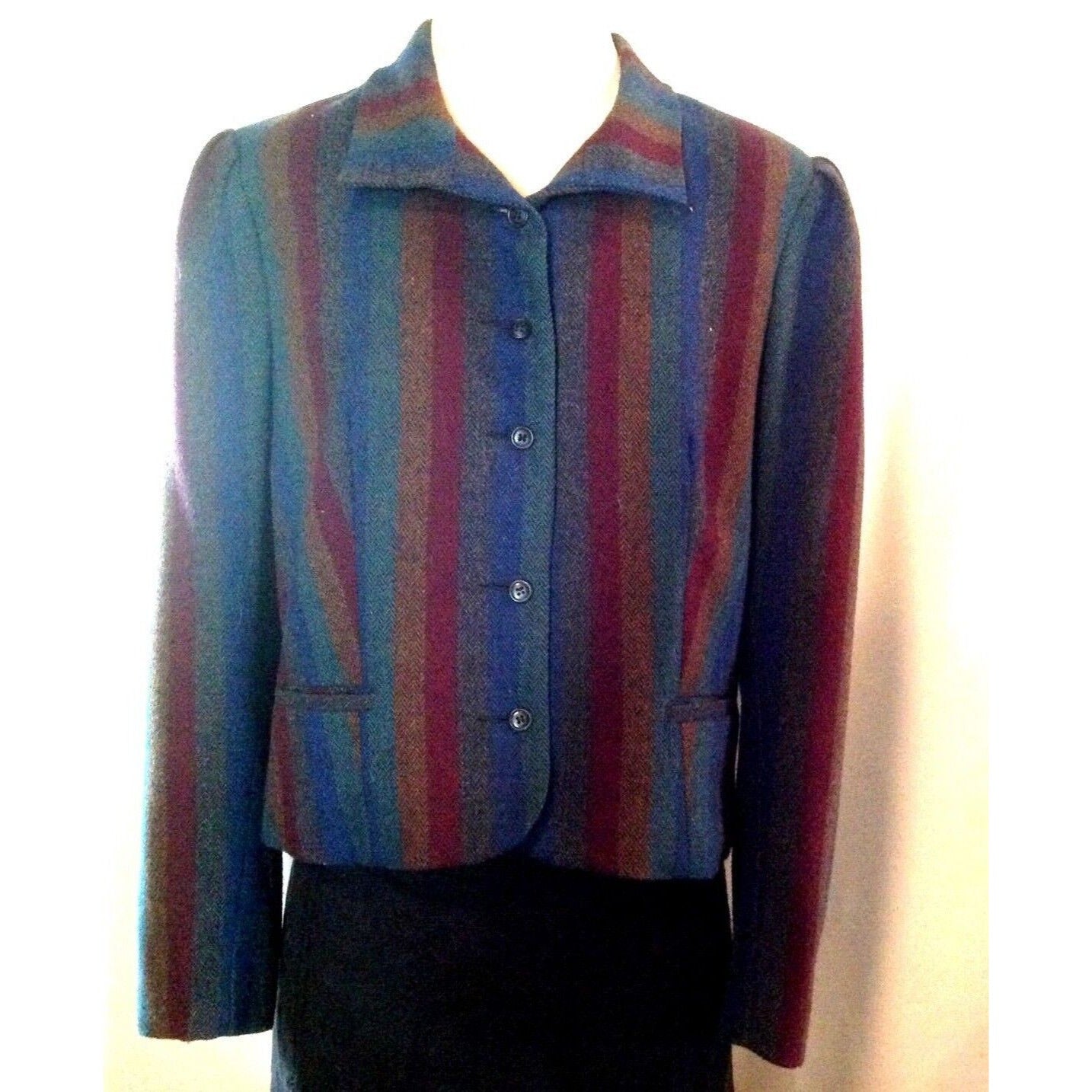 Jacket Women Swingles Size 13/14 Red Brown Blue Striped Long Sleeves Lined