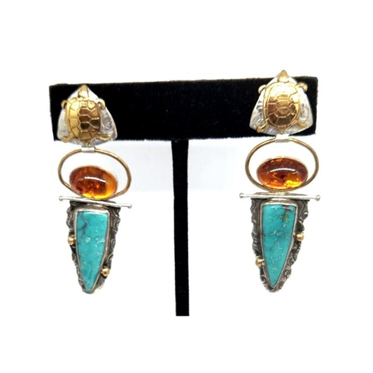 Kingman Turquoise Amber Silver Earrings Gold Turtle 11.8 Gr Feather Silver Post