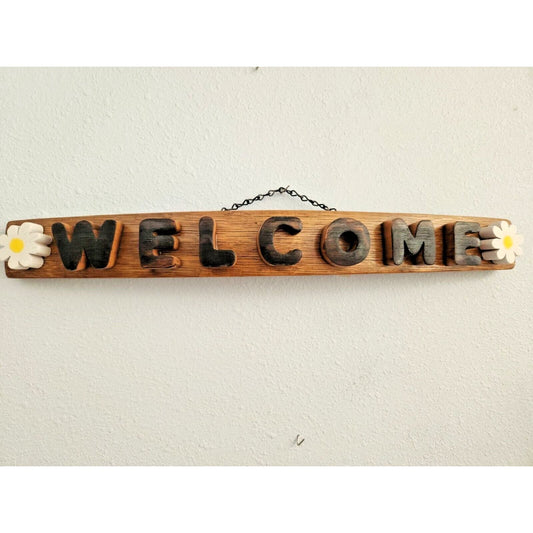 Wood Sign Wine Stave says "Welcome", Flowers on ends Letters Cut from Stave