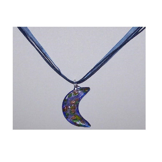 Necklace Blue Gold White Crescent Moon Glass Bead Blue Ribbon Cord