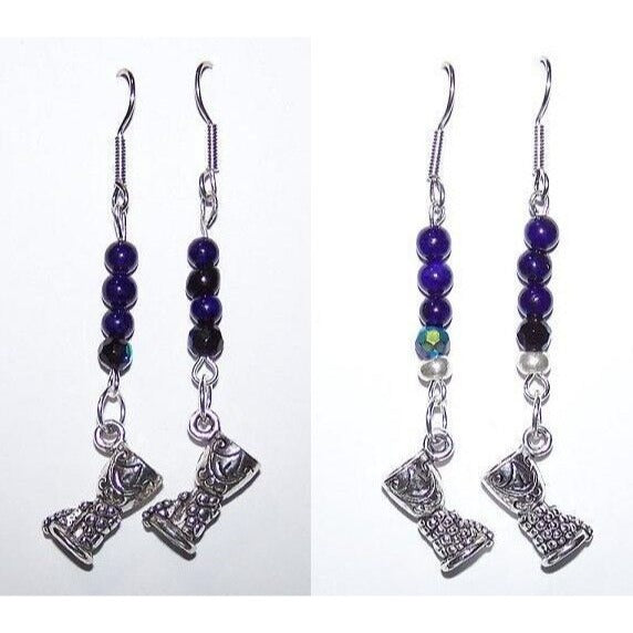 Earrings Metal Wine Glass Charm Purple Silver Beads Sterling Wire 1 1/2 "