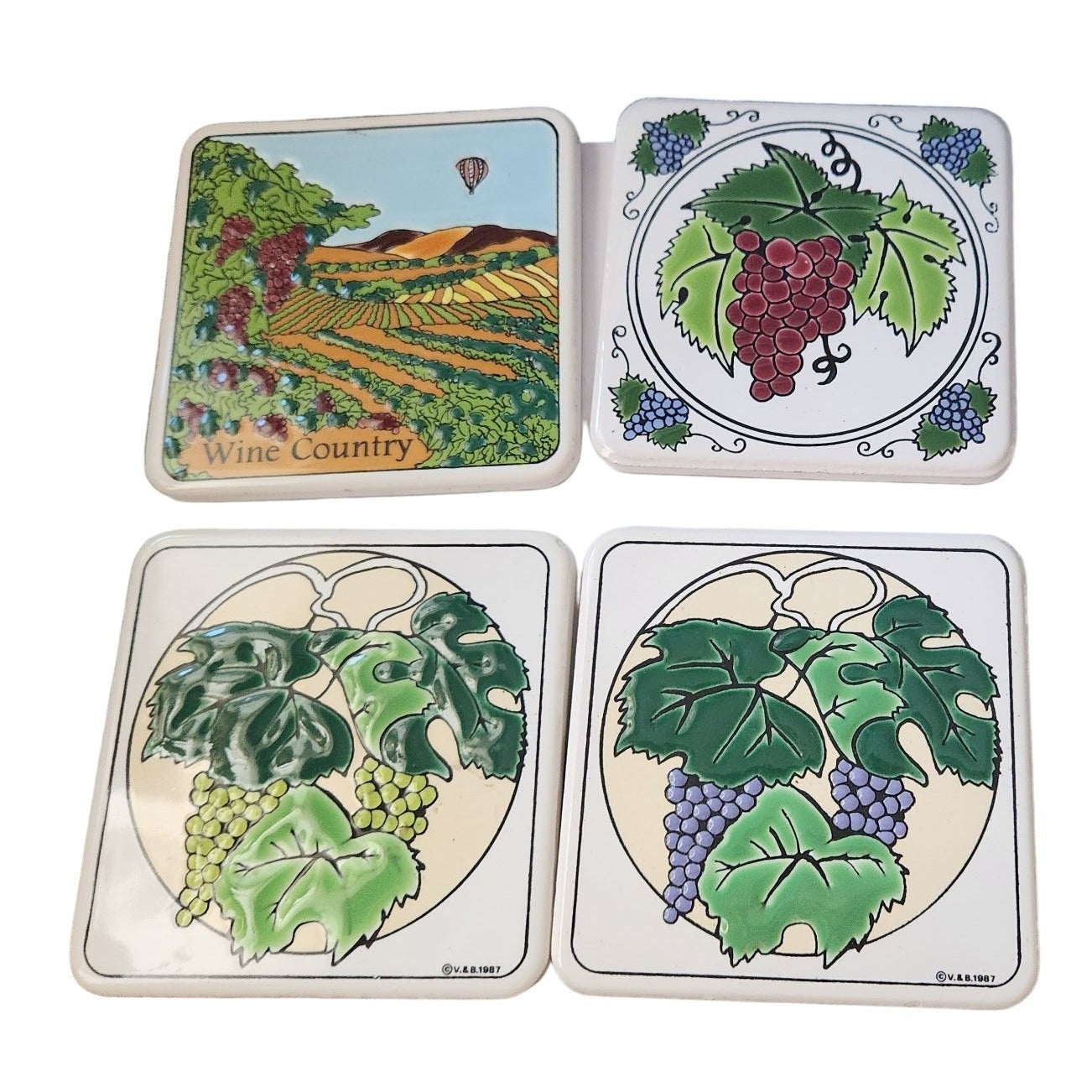Vintage 1987 Ceramic Coasters Wine country Set of 4 Raised Painted 3 1/2" x 3 1/2"