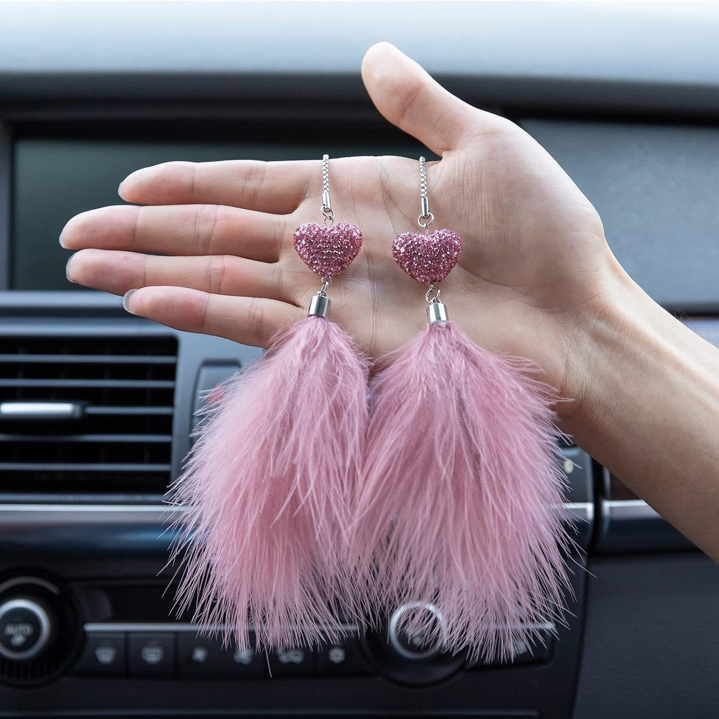 Spurtar Bling Car Mirror Hanging Accessories for Women Shiny Heart Shape Crystal Diamond Car Ornament with Plush Feather Pendant Rearview M