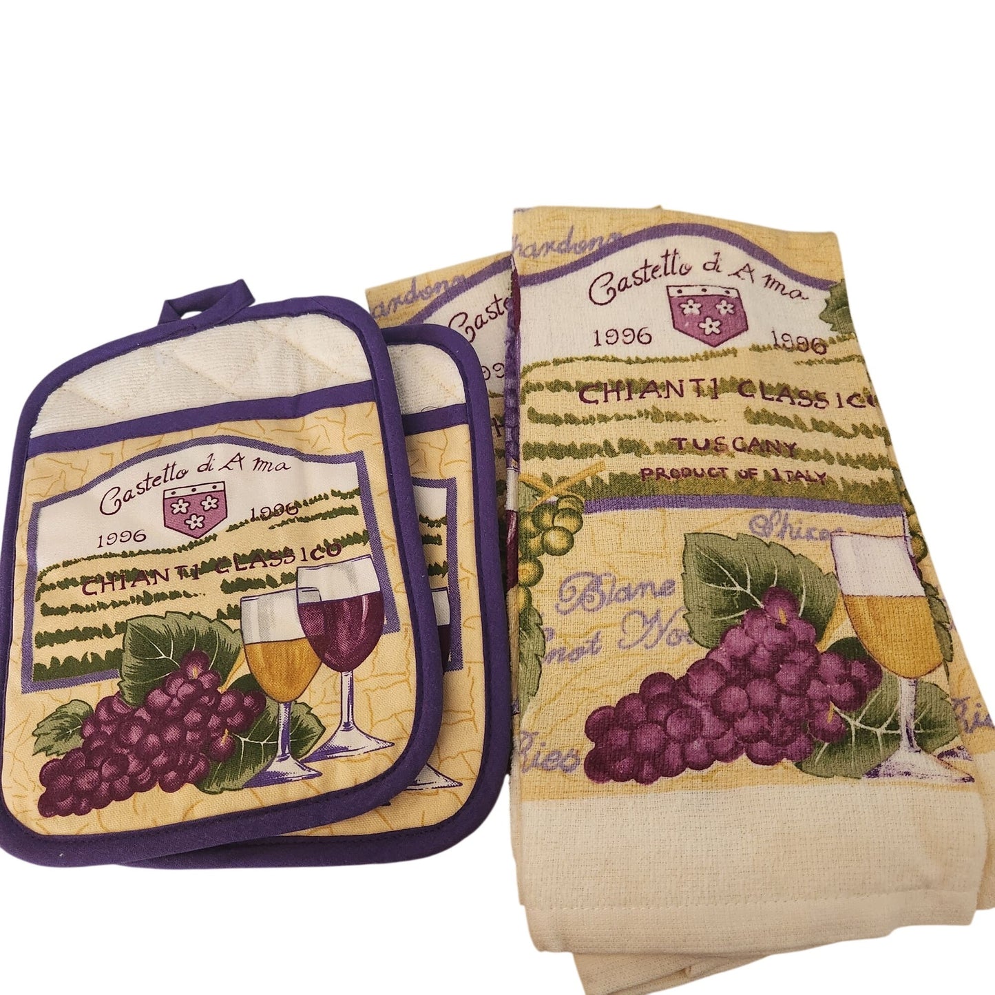 Kitchen Towel 5 Piece Set hOme Castetto 1996  2 Towels,  2 Pot Holders, 1 Oven Mitt