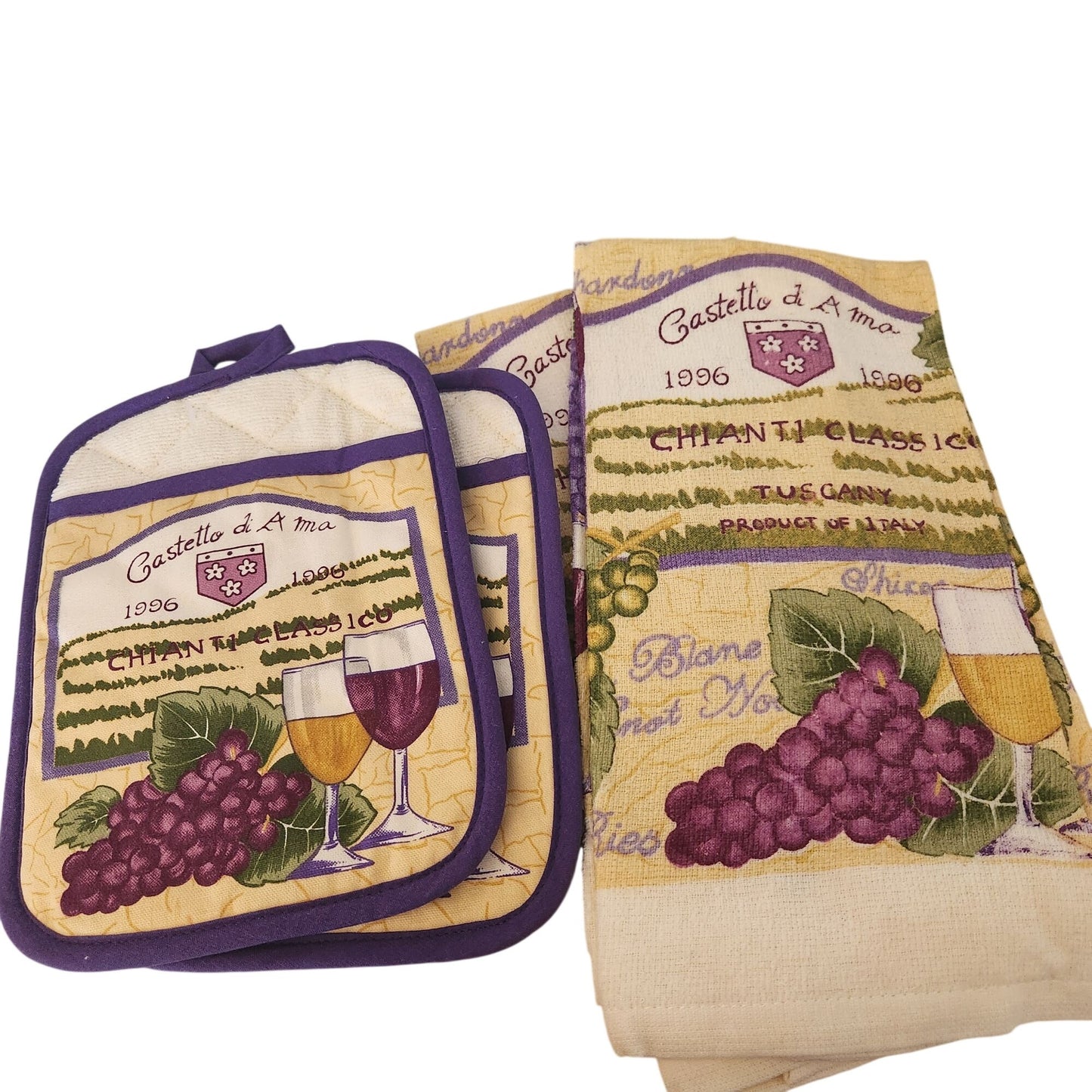 Kitchen Towel 5 Piece Set hOme Castetto 1996  2 Towels,  2 Pot Holders, 1 Oven Mitt