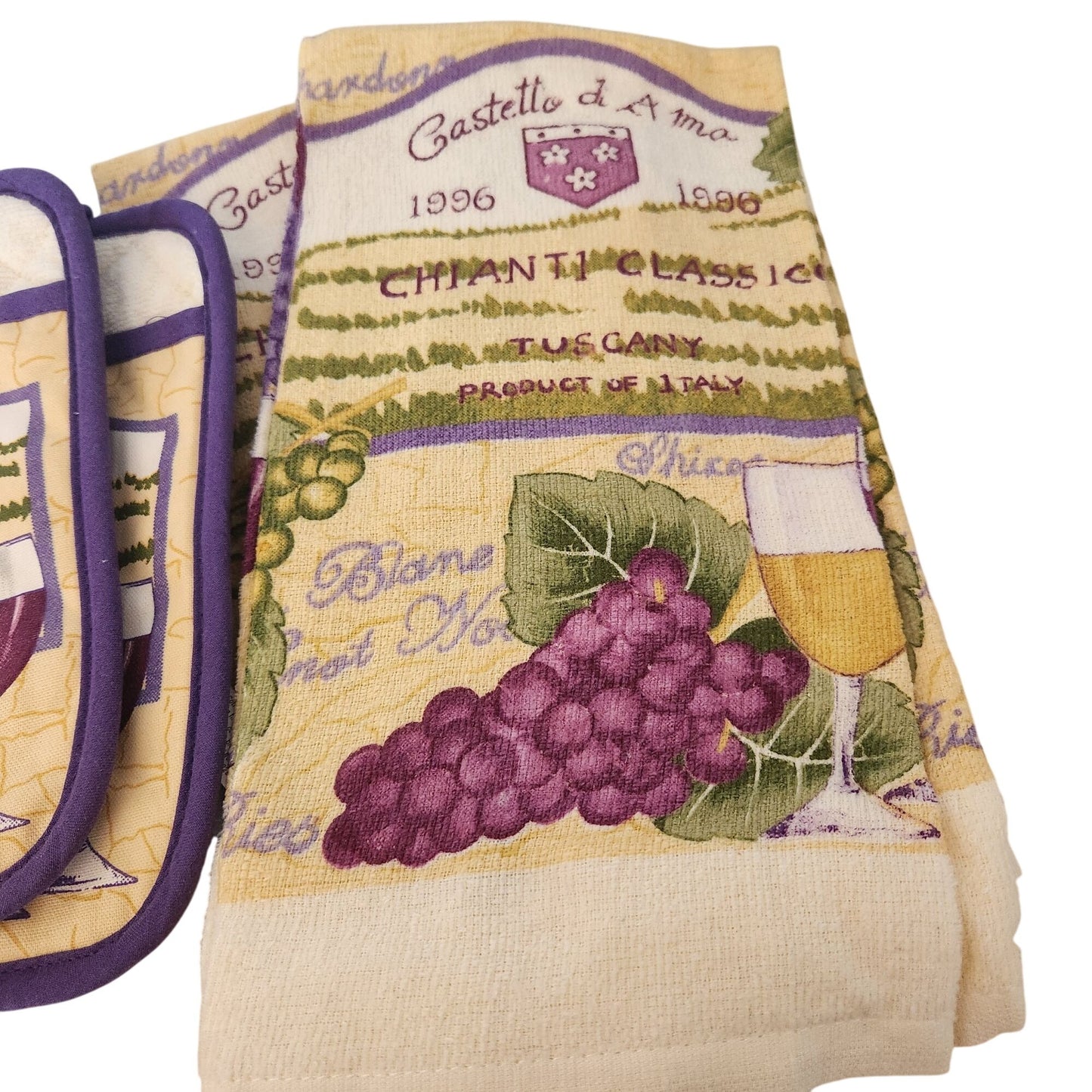Kitchen Towel 5 Piece Set hOme Castetto 1996  2 Towels,  2 Pot Holders, 1 Oven Mitt