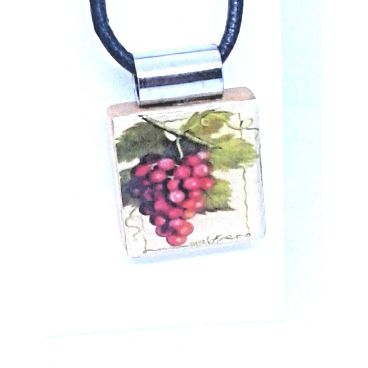 Necklace 1" Red Grape Cluster Wine Printed Scrabble Game Tile Leather Cord