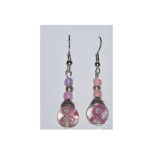 Earrings Pink Ribbon Clear Beads White Silver Beads Sterling Wire 1 1/2" Long