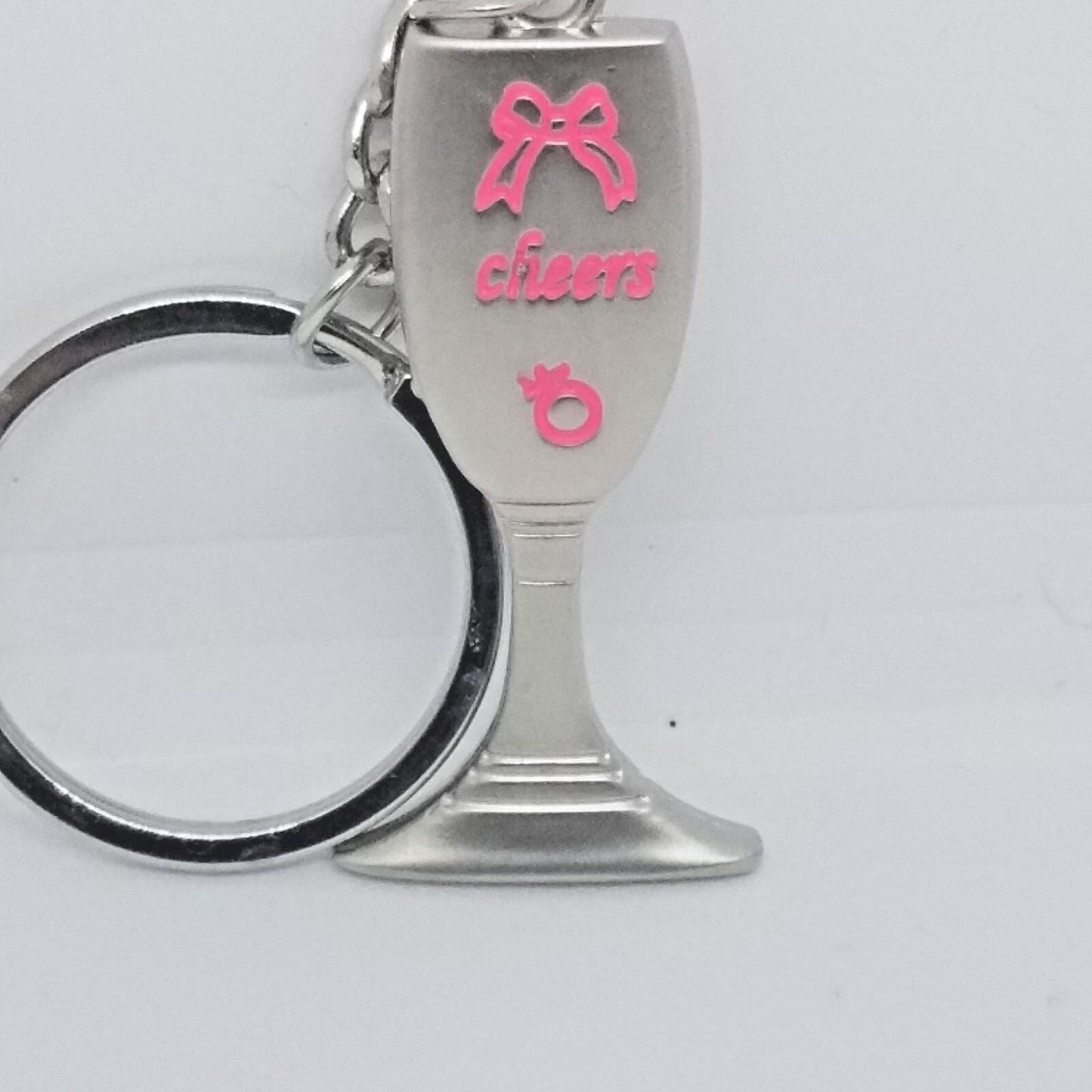 Key Chain Wine Glass Shaped Pink Accent Bow Cheers Female Sign Gift Wedding 2"