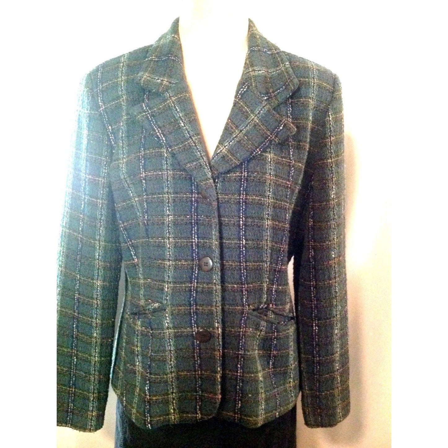 Jacket Women Hillard & Hanson Size 14 Green Plaid 3 Button Collar Long Sleeves