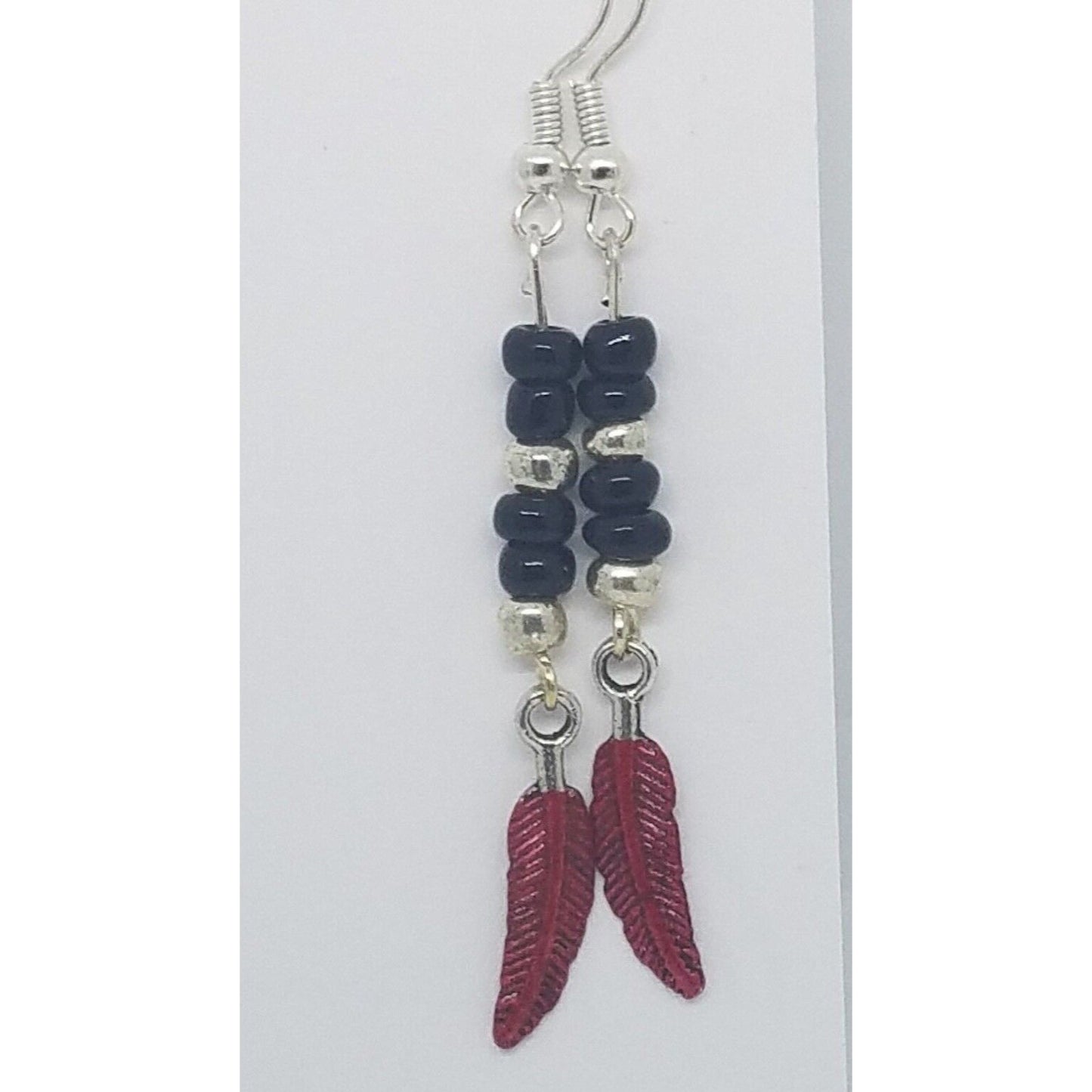 Earrings Small Painted Red Feather Charm Sterling Wire Black & Silver Beads 2"