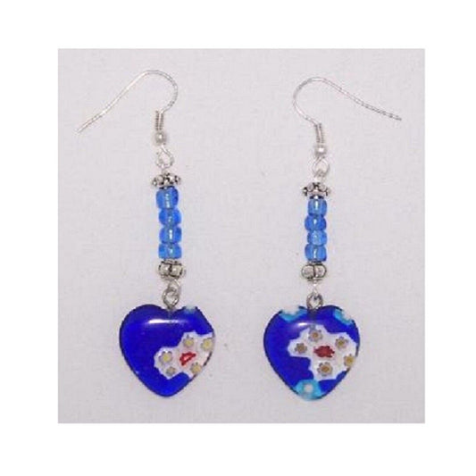 Earrings Heart Shaped Blue Glass Bead White Red Flowers Blue Silver Bead 2" Long