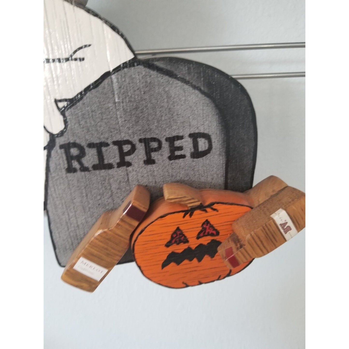 Wood Sign Halloween Ripped  Ghost Wine Drinking Pumpkin Empty Bottles Hanging