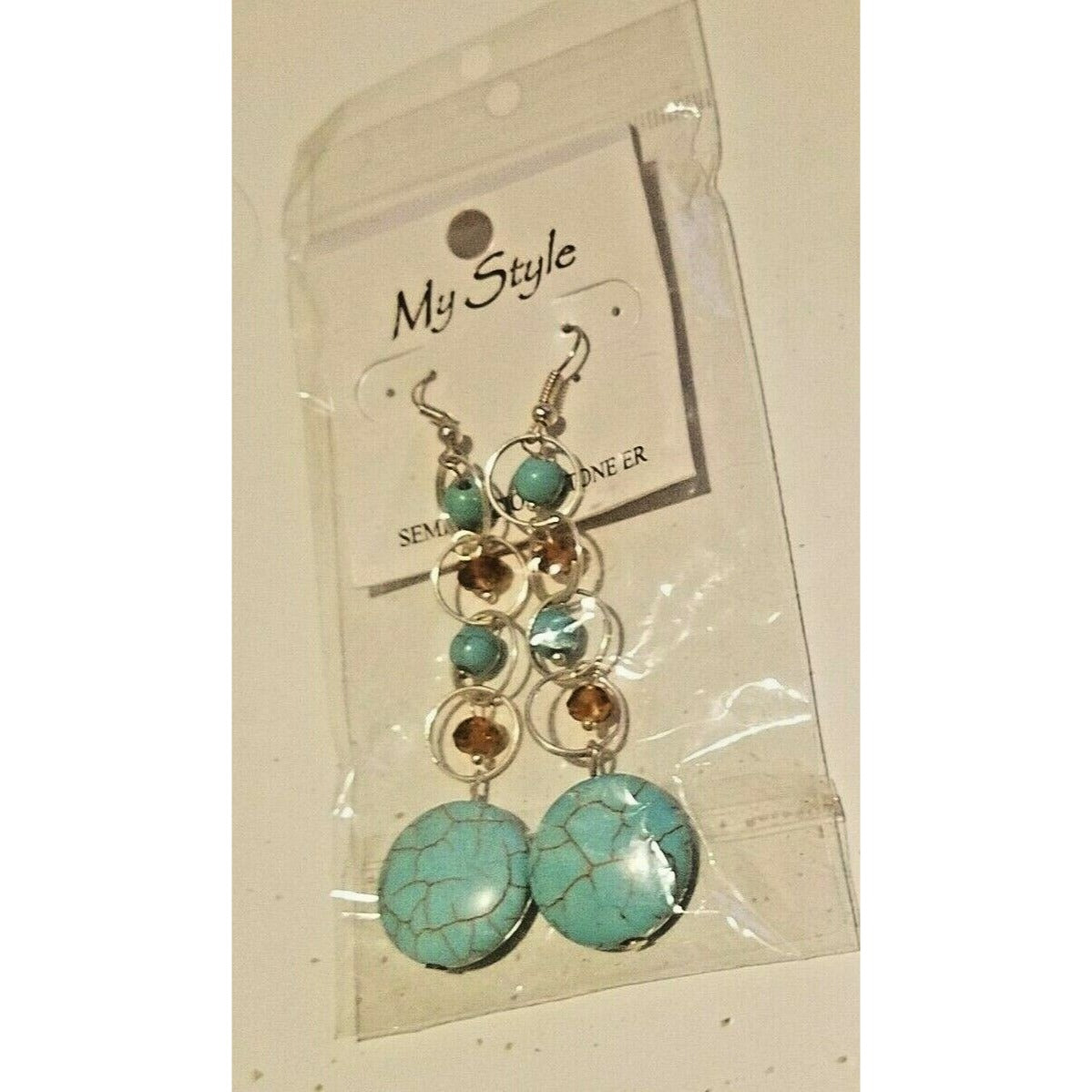 Earrings Costume Jewelry Turquoise color Stones Silver Hooks 3" Long