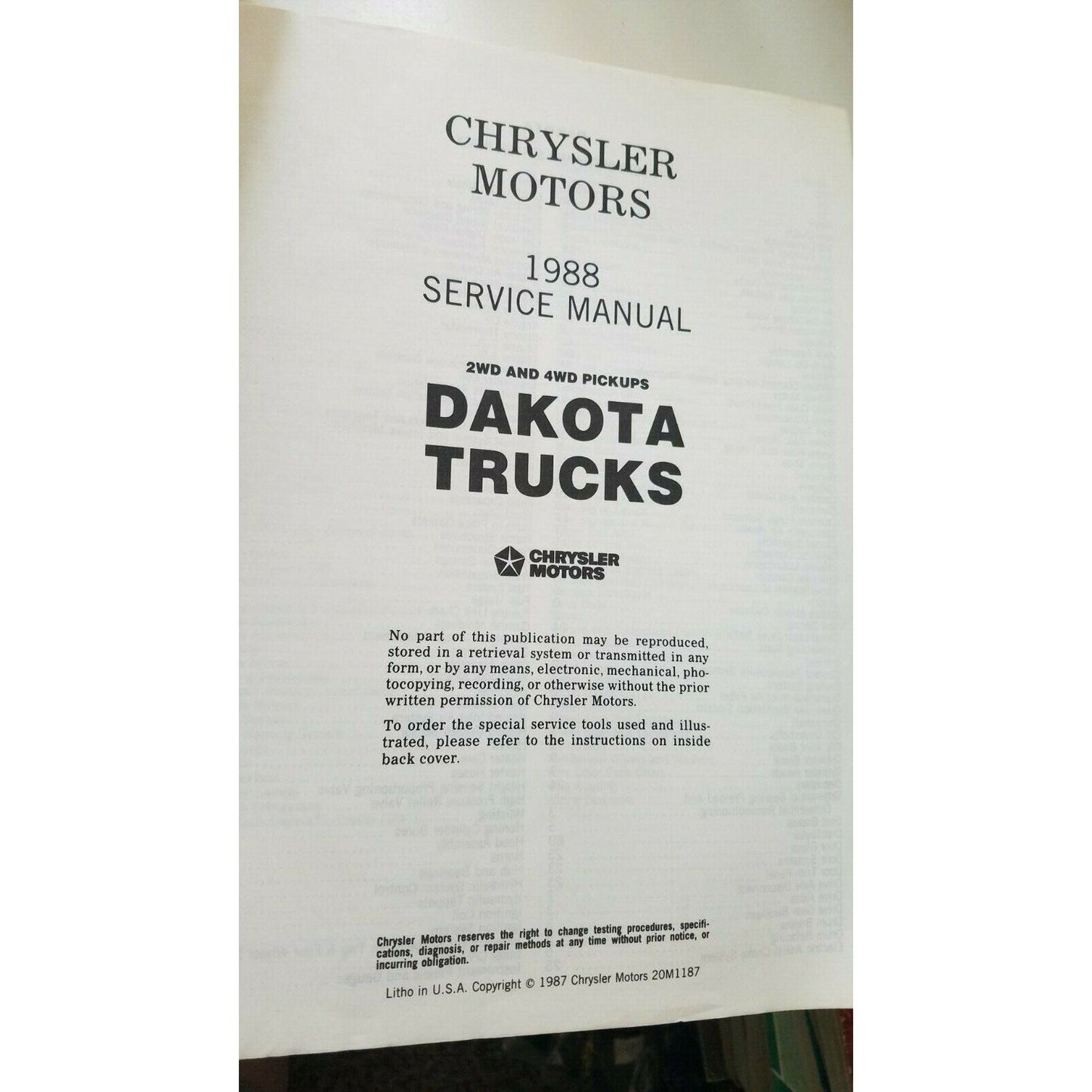 1988 Chrysler Service Manual Dakota Trucks Publication Automobile Guide