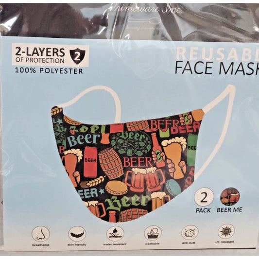 Primeware Mask Beer Design Adult 2 pack 2 layers 100 % Polyester Washable