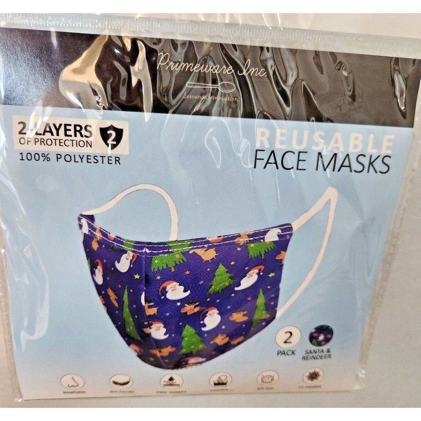 Primeware Mask Christmas Design Adult 2 pack 2 layers 100 % Polyester Washable