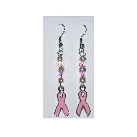 Earrings Pink Ribbon Charm Pink White Silver Beads Sterling Wire 1 1/2" Long