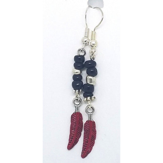 Earrings 1" Painted Red Feather Charm Black and Silver Bead Sterling Wire