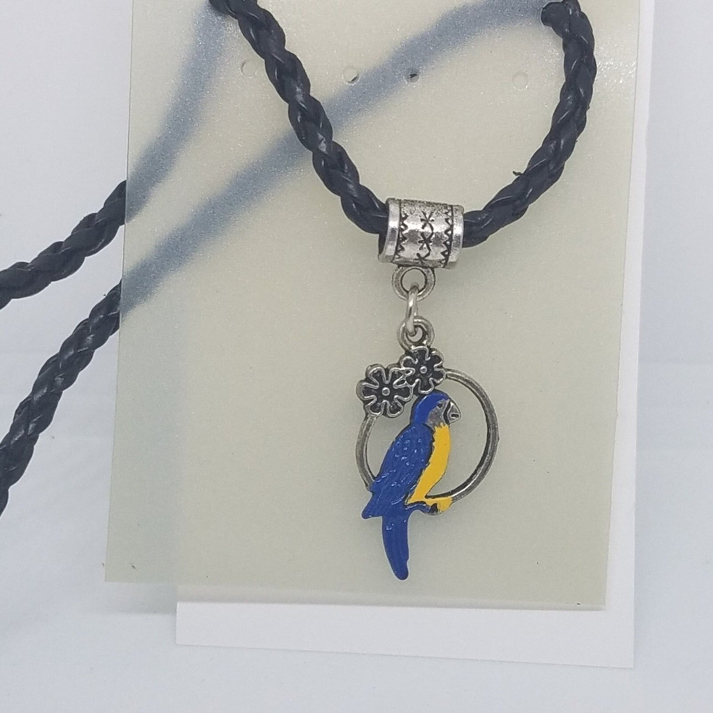 Necklace 1" Painted Blue Parrot in Hoop Flowers Charm Twisted Leather Cord