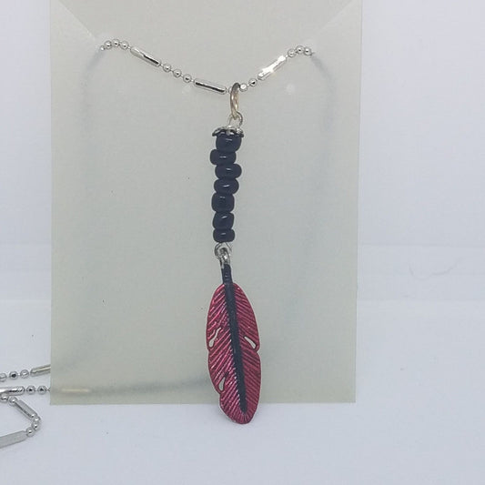 Necklace 1" Painted Red Feather Charm Black Beads Silver Chain