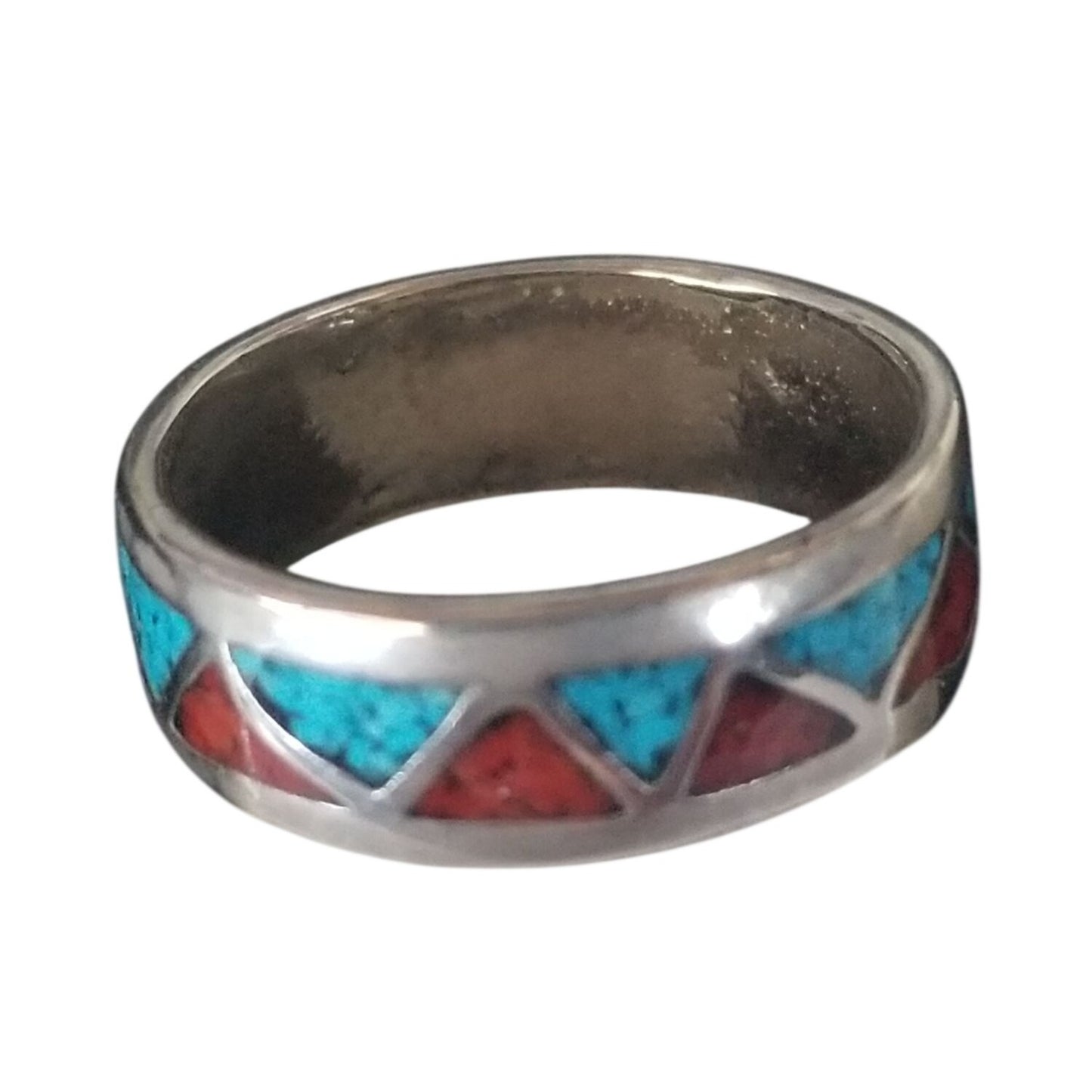 Ring Turquoise Red Blue  Silver 2.9 Gr 14.5 ct  Size 7 1/2 0.75  cm  x 0.25  cm  Triangle Shape Design in  Silver