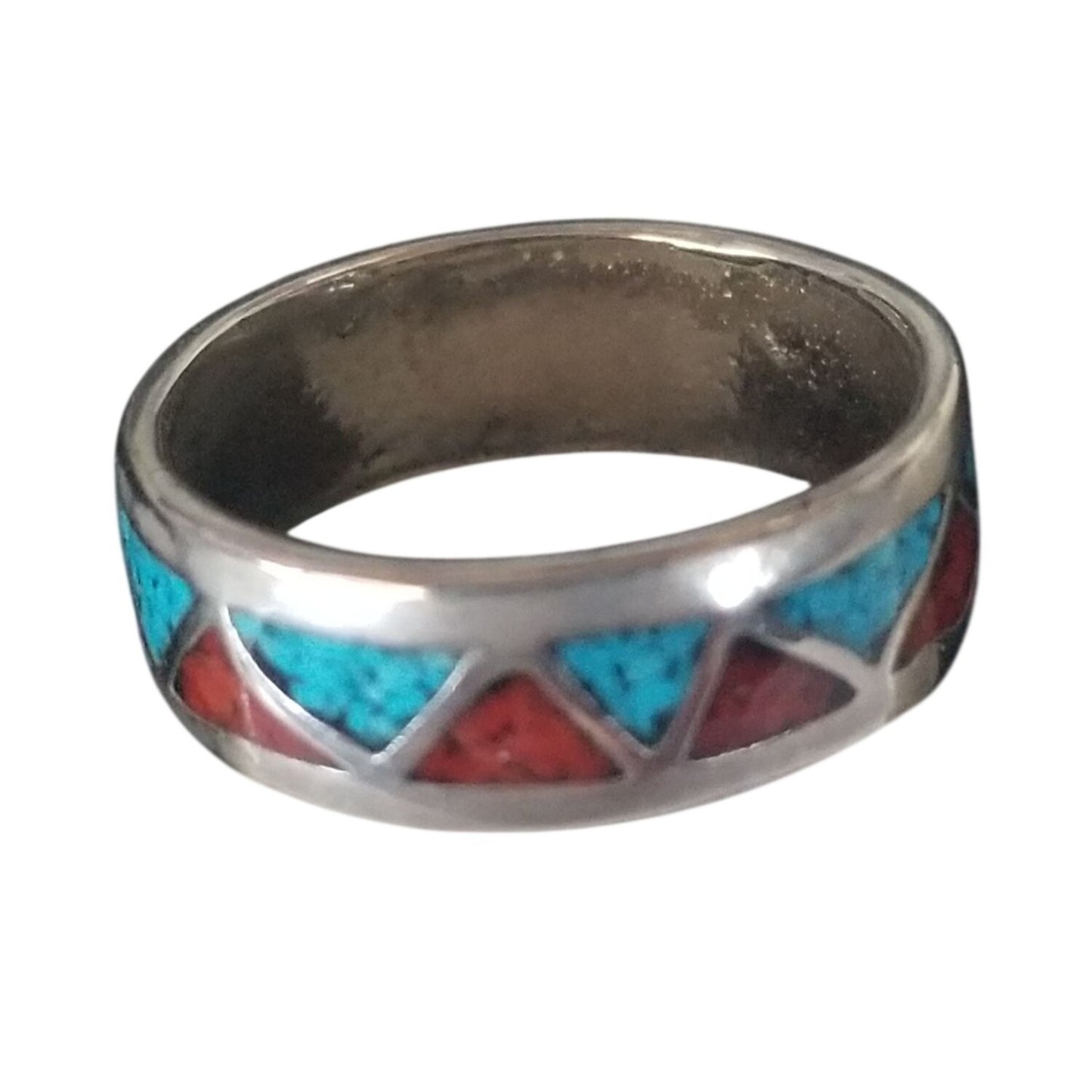 Ring Turquoise Red Blue  Silver 2.9 Gr 14.5 ct  Size 7 1/2 0.75  cm  x 0.25  cm  Triangle Shape Design in  Silver