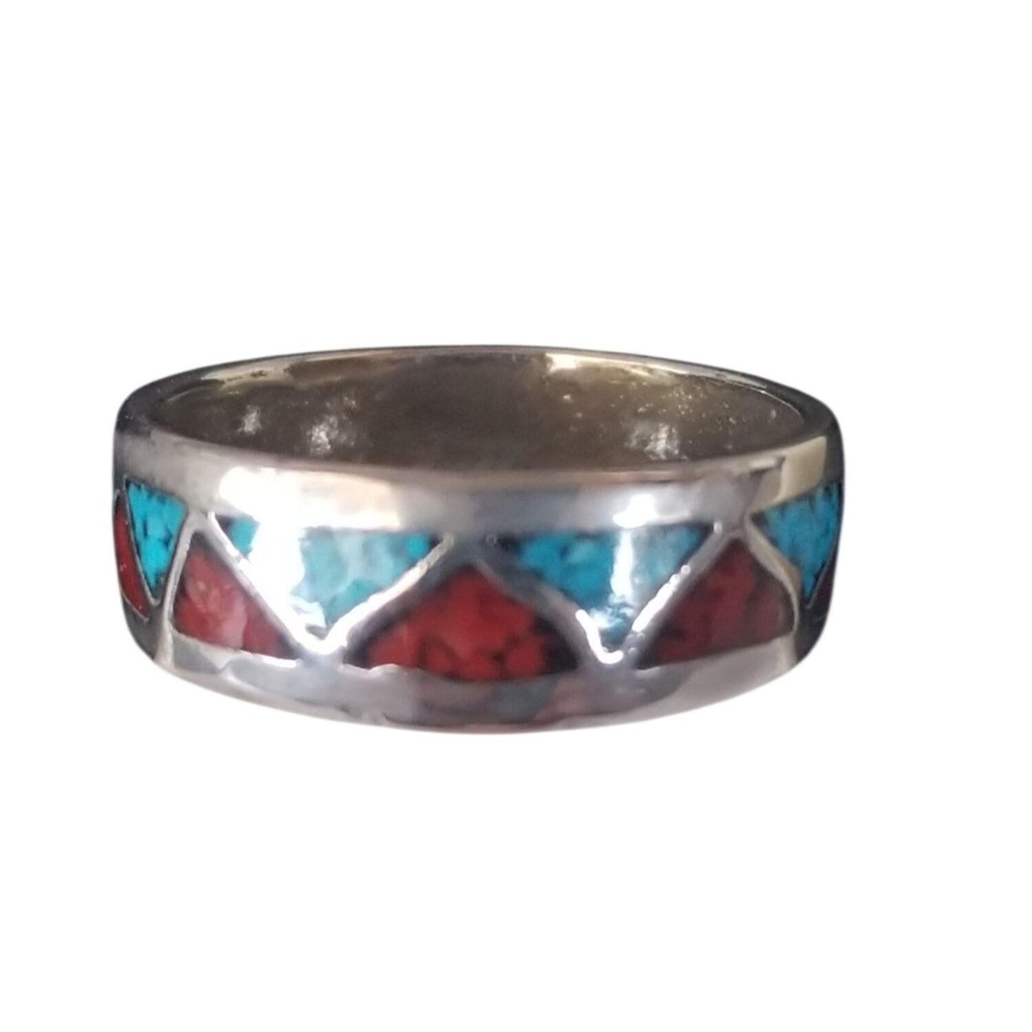 Ring Turquoise Red Blue  Silver 2.9 Gr 14.5 ct  Size 7 1/2 0.75  cm  x 0.25  cm  Triangle Shape Design in  Silver